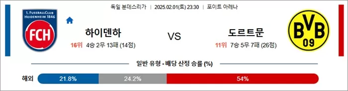 2월 01일 분데스리가 하이덴하 vs 도르트문