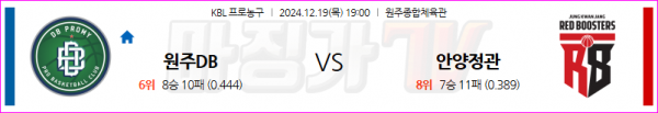 12월 19일 KBL 원주 DB 안양 정관장 국내외농구분석 스포츠분석