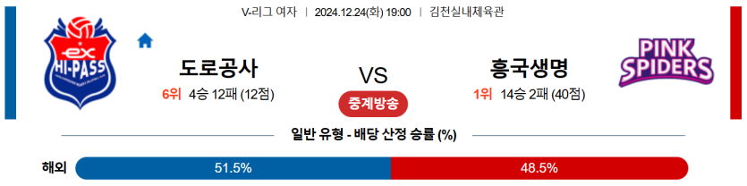 12월 24일 19:00 V-리그 여자부 한국도로공사 흥국생명